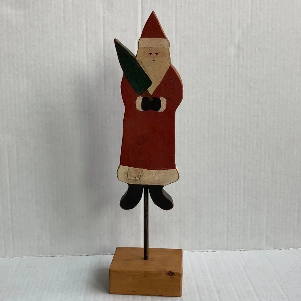 Vintage 1983 wood carved painted Santa Christmas tree on pedestal